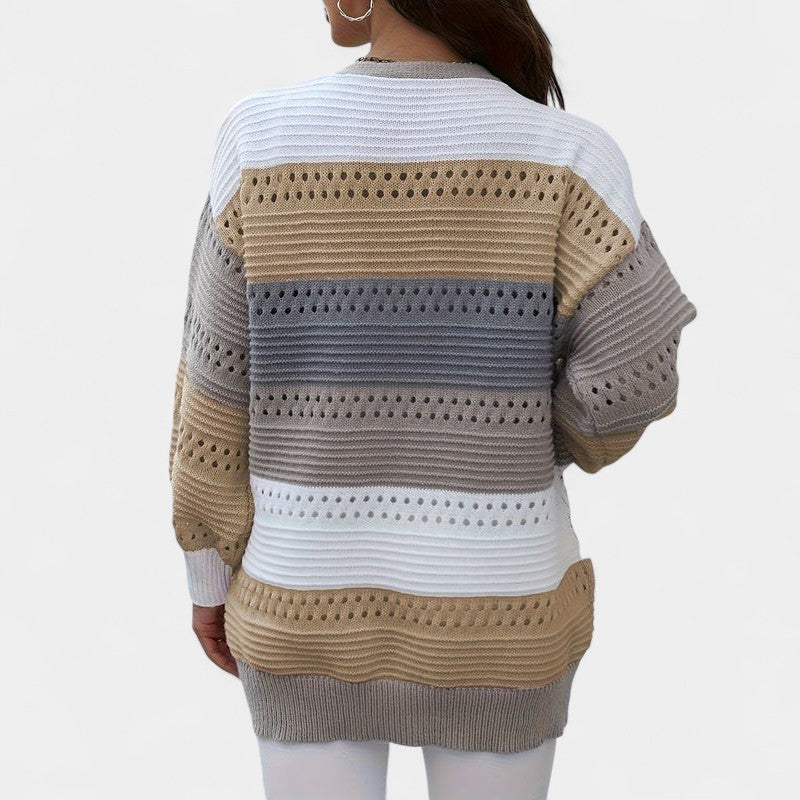 Gleame.-Truien &amp; Vesten-Gleame Dames Vest – Oversized gebreid vest met open voorkant en kleurblokken