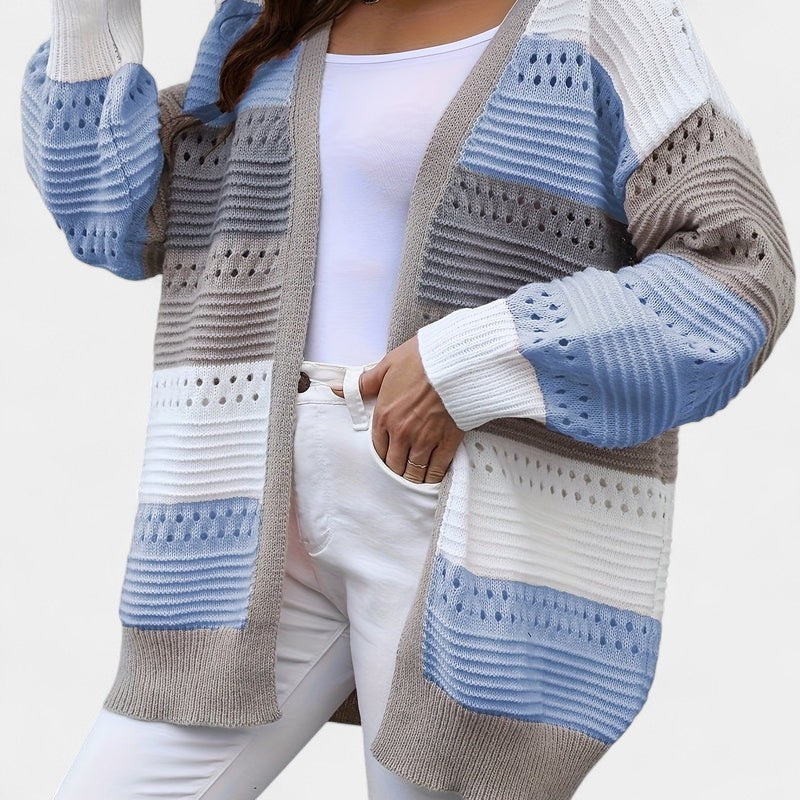 Gleame.-Truien &amp; Vesten-Gleame Dames Vest – Oversized gebreid vest met open voorkant en kleurblokken