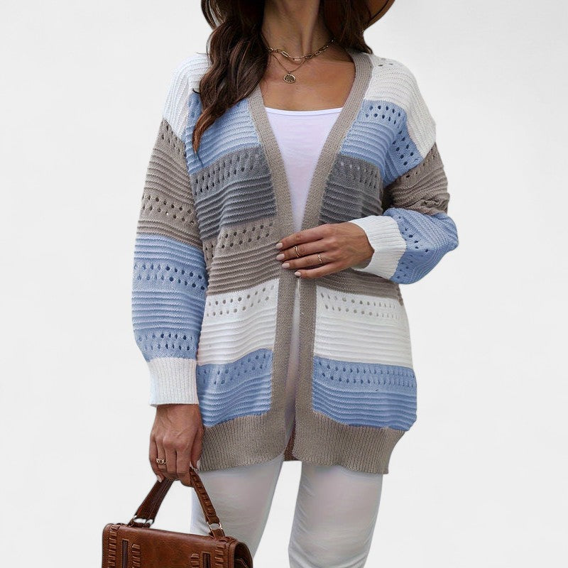 Gleame.-Truien &amp; Vesten-Gleame Dames Vest – Oversized gebreid vest met open voorkant en kleurblokken