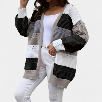 Gleame.-Truien &amp; Vesten-Gleame Dames Vest – Oversized gebreid vest met open voorkant en kleurblokken