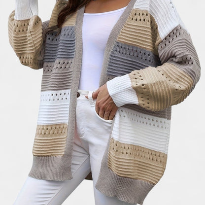 Gleame.-Truien &amp; Vesten-Gleame Dames Vest – Oversized gebreid vest met open voorkant en kleurblokken