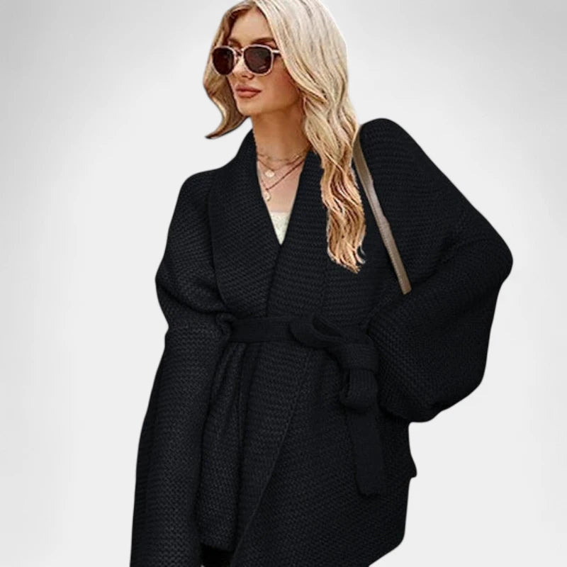 Gleame.-Truien &amp; Vesten-Gleame Damescardigan - Gebreide oversized cardigan met riem in neutrale kleur