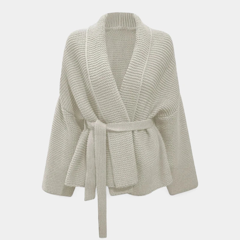 Gleame.-Truien &amp; Vesten-Gleame Damescardigan - Gebreide oversized cardigan met riem in neutrale kleur