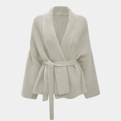 Gleame.-Truien &amp; Vesten-Gleame Damescardigan - Gebreide oversized cardigan met riem in neutrale kleur