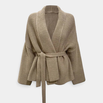 Gleame.-Truien &amp; Vesten-Gleame Damescardigan - Gebreide oversized cardigan met riem in neutrale kleur