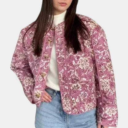 Gleame.-Truien &amp; Vesten-Gleame Pufferjack – Cropped damesjas met bloemenprint en gewatteerd design