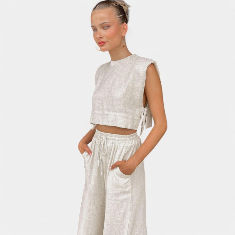 Gleame.-Two-piece set-Gleame Set - Vrouwen vakantie linnen broek en crop top set