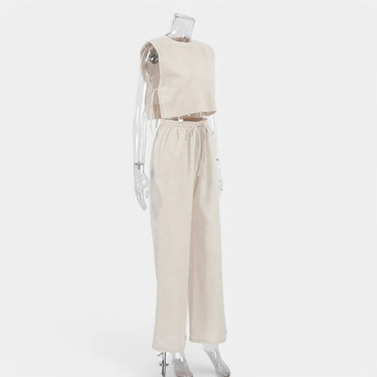 Gleame.-Two-piece set-Gleame Set - Vrouwen vakantie linnen broek en crop top set