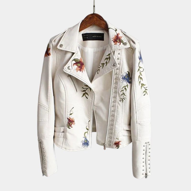 Gleame Dames Jas - Leren dames jas met bloemen in zwart en wit