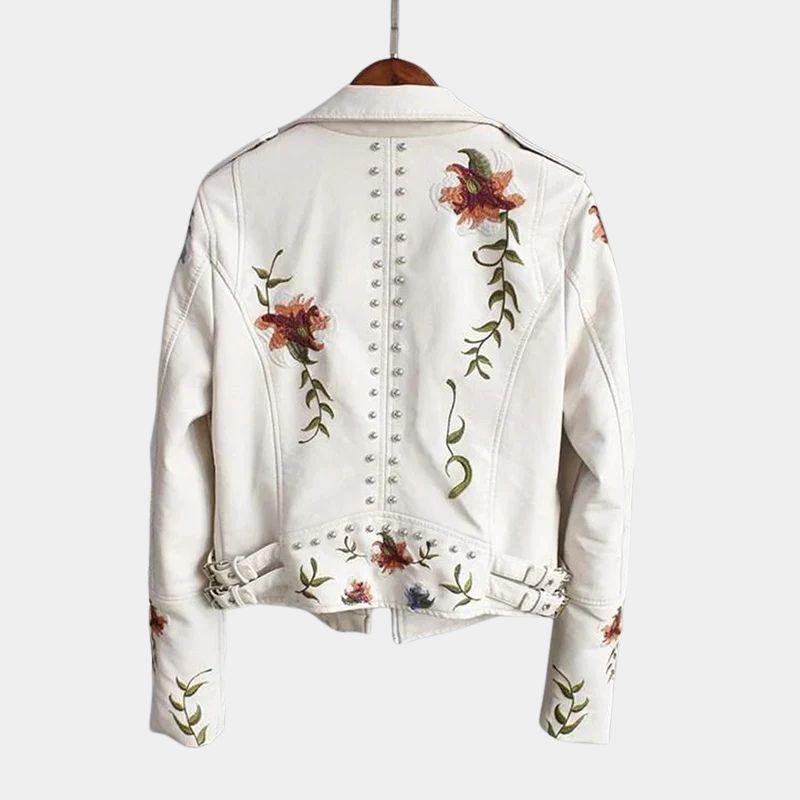 Gleame Dames Jas - Leren dames jas met bloemen in zwart en wit