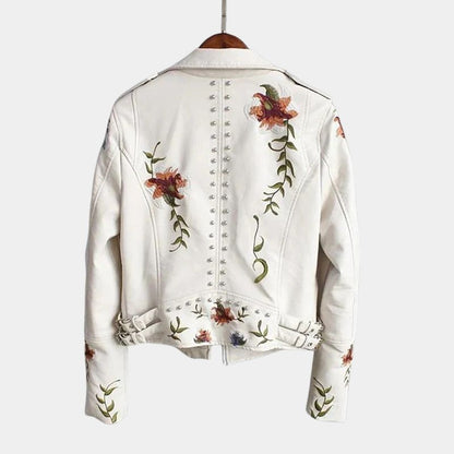 Gleame Dames Jas - Leren dames jas met bloemen in zwart en wit