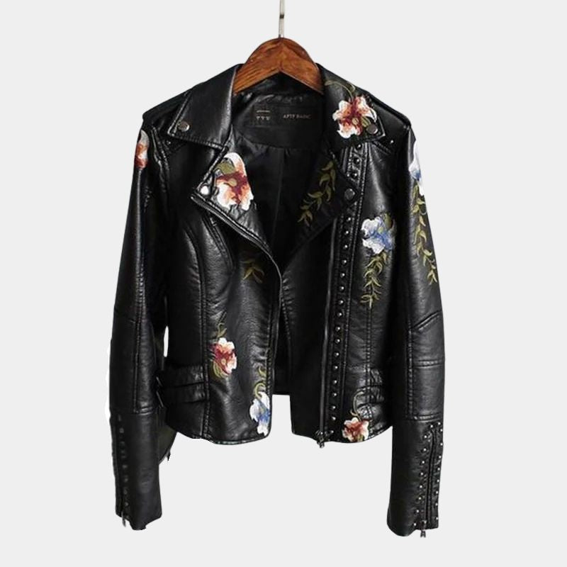 Gleame Dames Jas - Leren dames jas met bloemen in zwart en wit