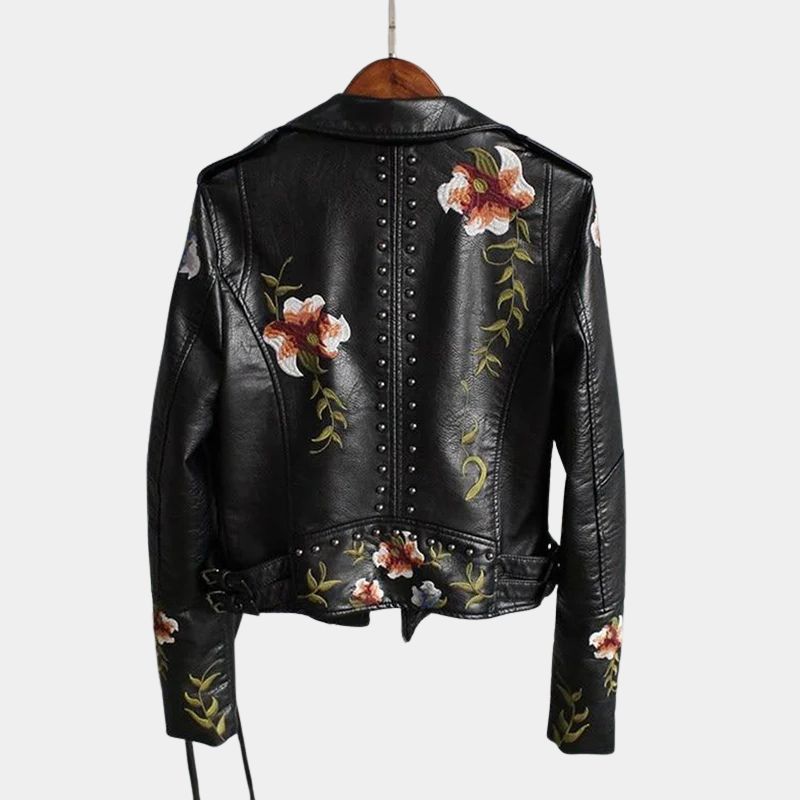 Gleame Dames Jas - Leren dames jas met bloemen in zwart en wit