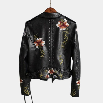 Gleame Dames Jas - Leren dames jas met bloemen in zwart en wit