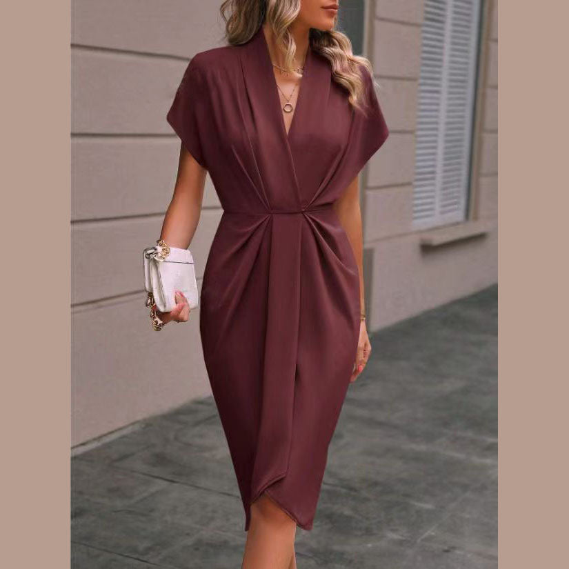 Gleame.-dress-Gleame Midi Wikkeljurk – Elegante damesjurk met V-hals en strakke taille