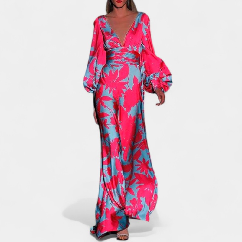 Gleame Lange Jurk - Maxi dress bloemenprint met V-hals en lange mouwen