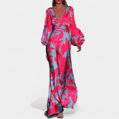 Gleame Lange Jurk - Maxi dress bloemenprint met V-hals en lange mouwen