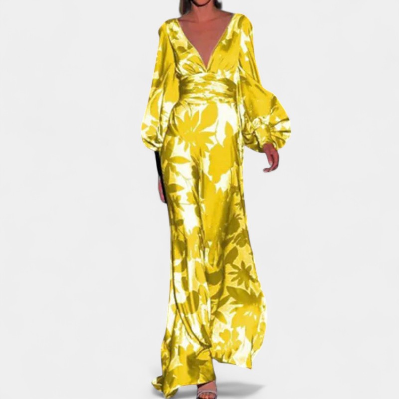 Gleame Lange Jurk - Maxi dress bloemenprint met V-hals en lange mouwen