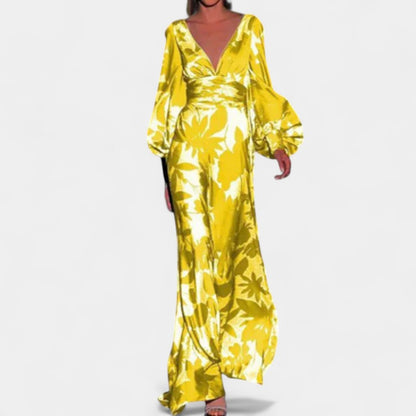 Gleame Lange Jurk - Maxi dress bloemenprint met V-hals en lange mouwen