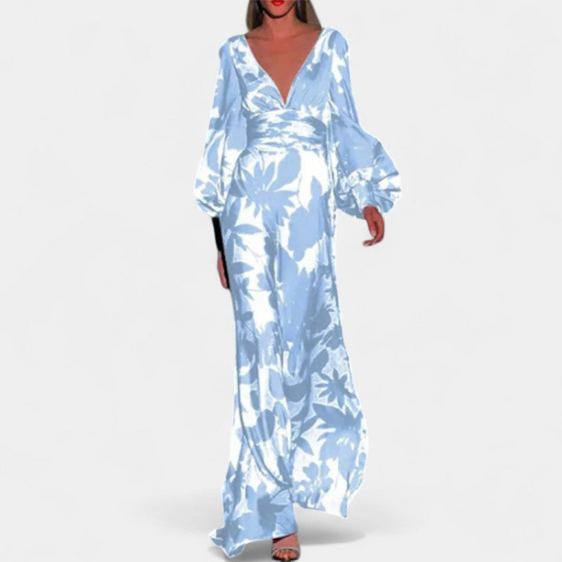 Gleame Lange Jurk - Maxi dress bloemenprint met V-hals en lange mouwen