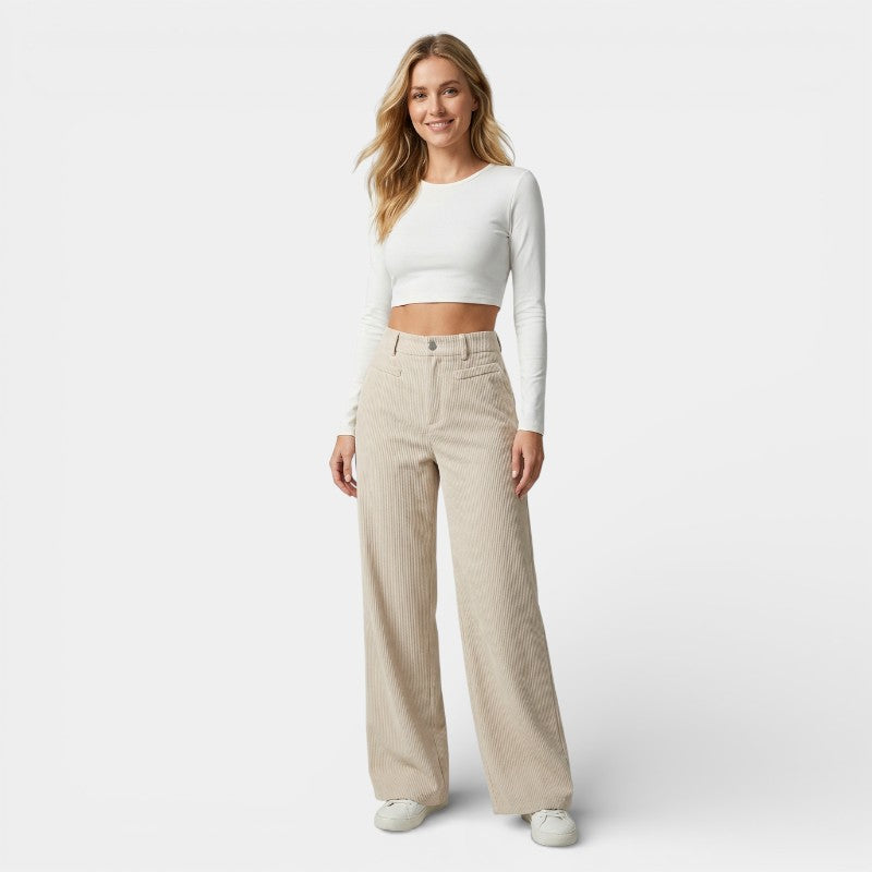 Gleame | Dames Ribfluwelen Broek met Wijde pijpen Hoge Taille