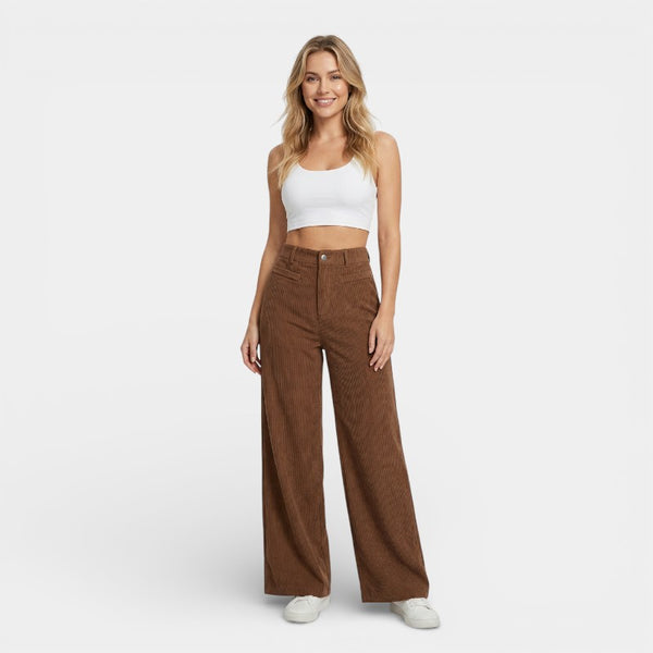 Gleame | Dames Ribfluwelen Broek met Wijde pijpen Hoge Taille