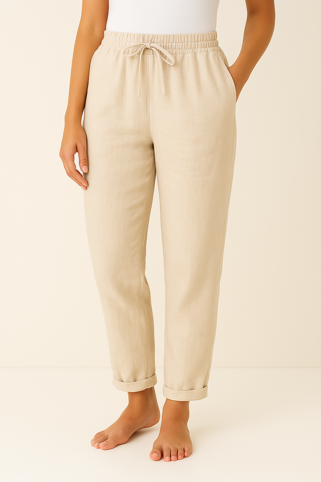 Gleame.-broeken dames-Gleame Linnen Damesbroek – Comfortabele broek met hoge taille en trekkoord