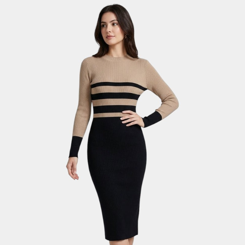 Gleame | Dames Bodycon Jurk Ronde Hals Lange Mouw Kleurblok Strepen