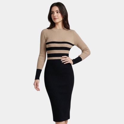 Gleame | Dames Bodycon Jurk Ronde Hals Lange Mouw Kleurblok Strepen