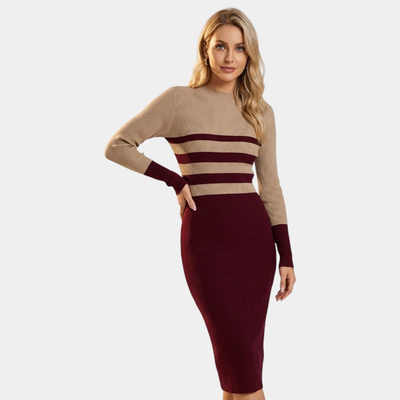 Gleame | Dames Bodycon Jurk Ronde Hals Lange Mouw Kleurblok Strepen