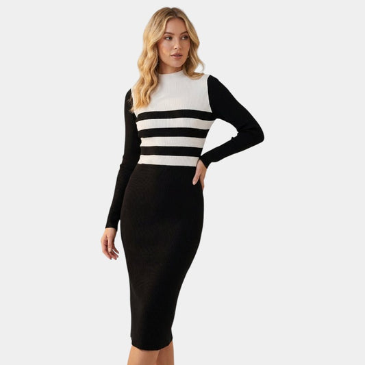 Gleame | Dames Bodycon Jurk Ronde Hals Lange Mouw Kleurblok Strepen