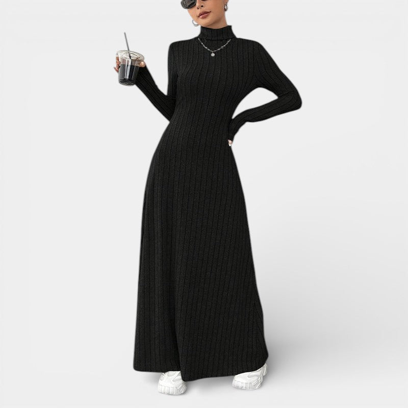 Gleame | Dames Maxi Jurk Hoge Hals Lange Mouw Aansluitende Pasvorm