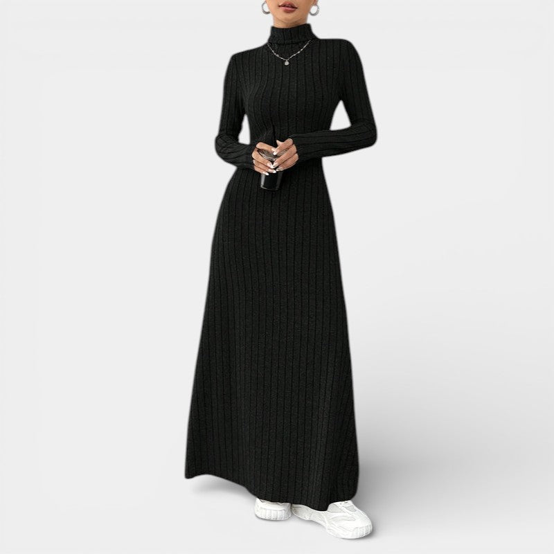 Gleame | Dames Maxi Jurk Hoge Hals Lange Mouw Aansluitende Pasvorm