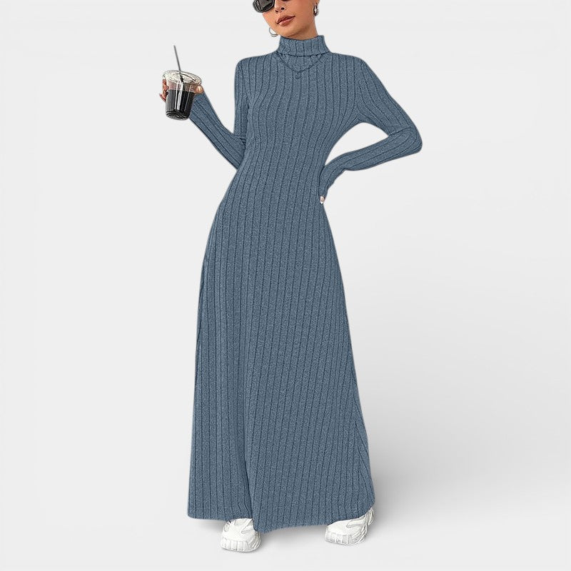 Gleame | Dames Maxi Jurk Hoge Hals Lange Mouw Aansluitende Pasvorm