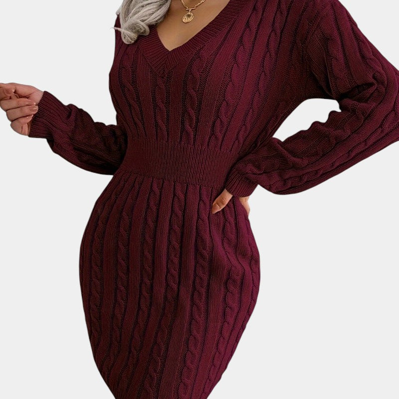 Gleame | Dames Trui Jurk Kabelpatroon V-Hals Lange Mouwen