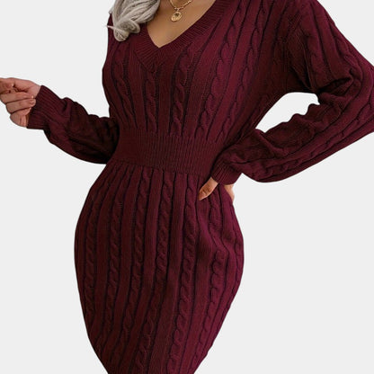 Gleame | Dames Trui Jurk Kabelpatroon V-Hals Lange Mouwen