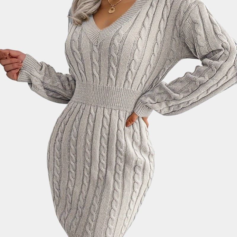 Gleame | Dames Trui Jurk Kabelpatroon V-Hals Lange Mouwen