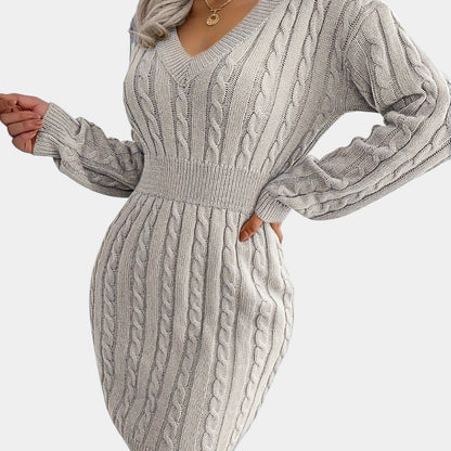 Gleame | Dames Trui Jurk Kabelpatroon V-Hals Lange Mouwen