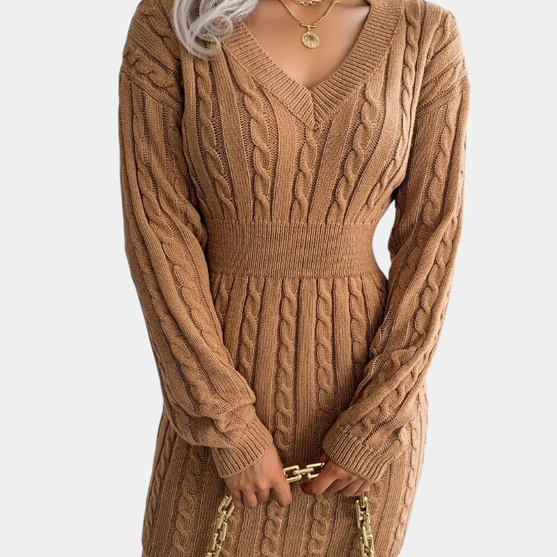 Gleame | Dames Trui Jurk Kabelpatroon V-Hals Lange Mouwen