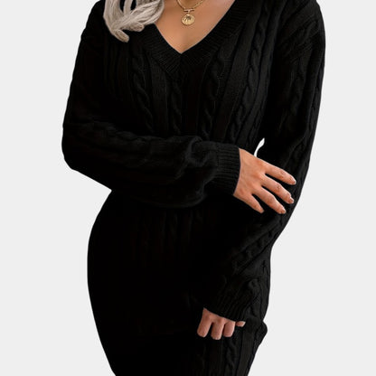 Gleame | Dames Trui Jurk Kabelpatroon V-Hals Lange Mouwen