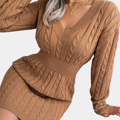 Gleame | Dames Trui Jurk Kabelpatroon V-Hals Lange Mouwen