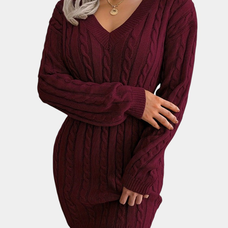Gleame | Dames Trui Jurk Kabelpatroon V-Hals Lange Mouwen