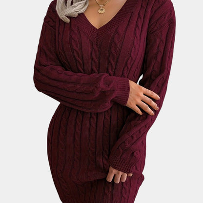 Gleame | Dames Trui Jurk Kabelpatroon V-Hals Lange Mouwen