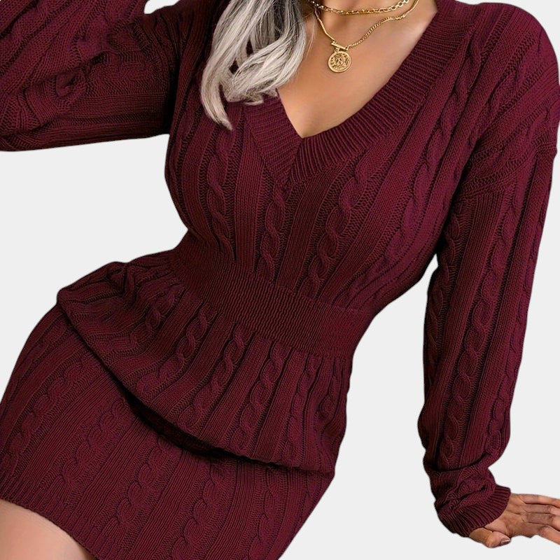 Gleame | Dames Trui Jurk Kabelpatroon V-Hals Lange Mouwen