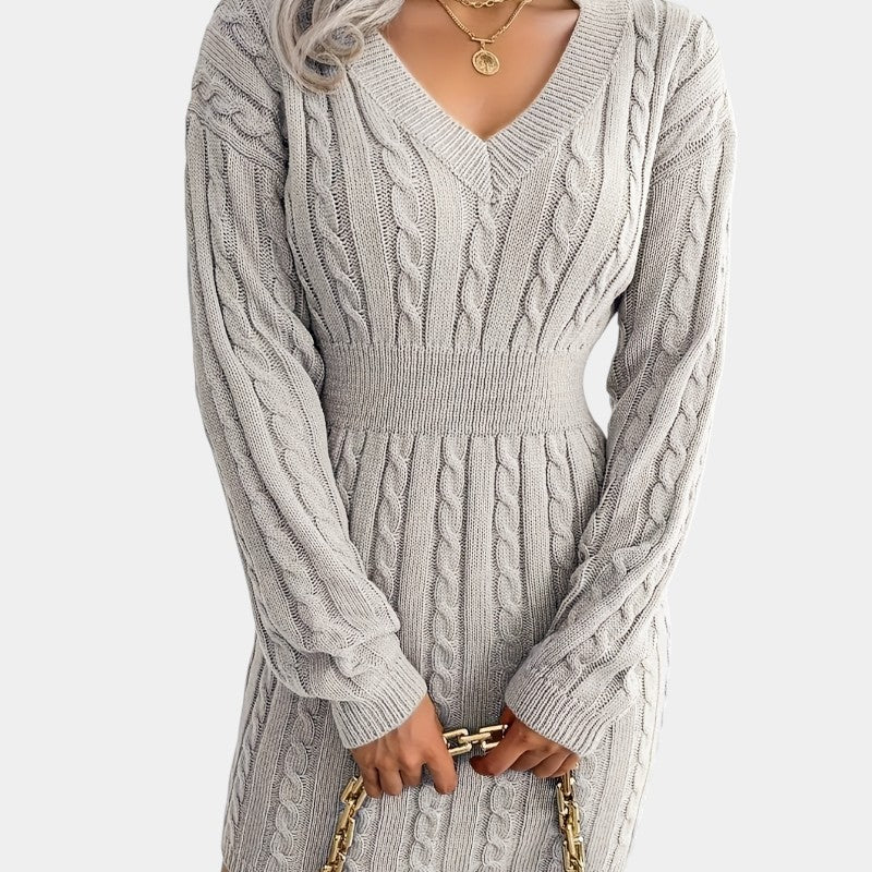 Gleame | Dames Trui Jurk Kabelpatroon V-Hals Lange Mouwen
