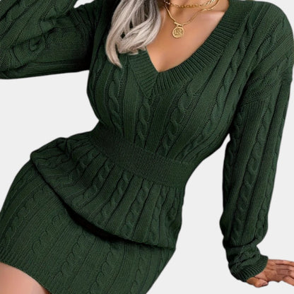 Gleame | Dames Trui Jurk Kabelpatroon V-Hals Lange Mouwen