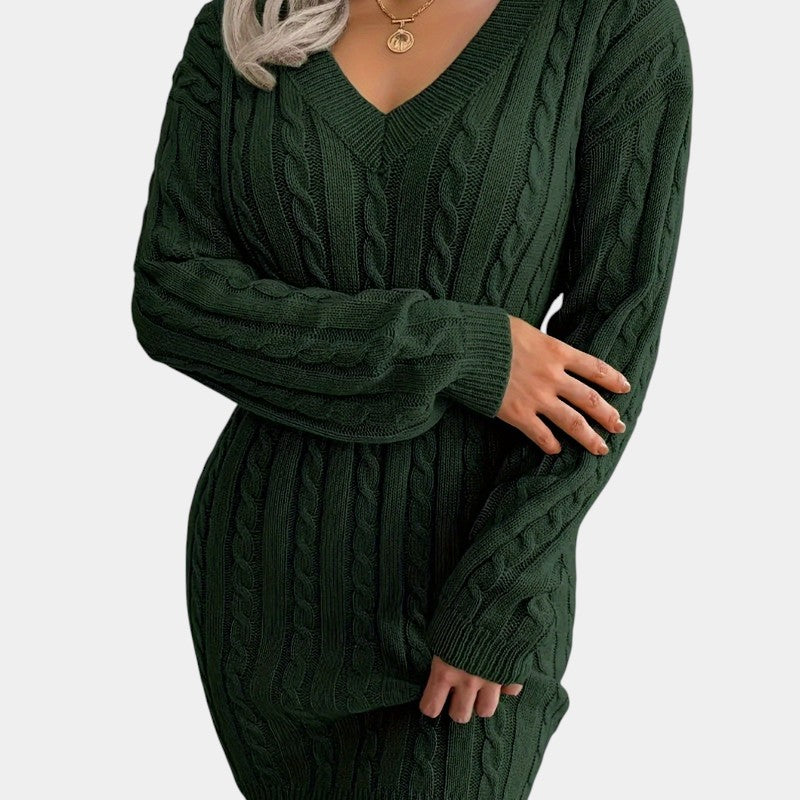 Gleame | Dames Trui Jurk Kabelpatroon V-Hals Lange Mouwen