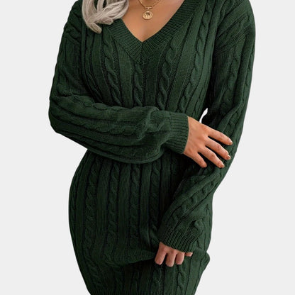 Gleame | Dames Trui Jurk Kabelpatroon V-Hals Lange Mouwen