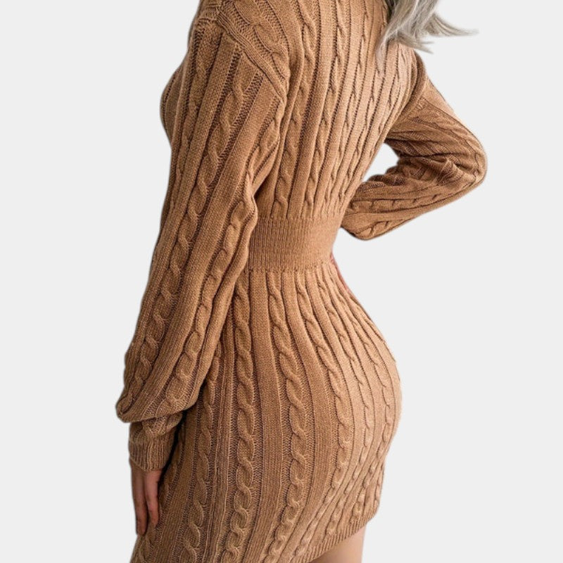 Gleame | Dames Trui Jurk Kabelpatroon V-Hals Lange Mouwen