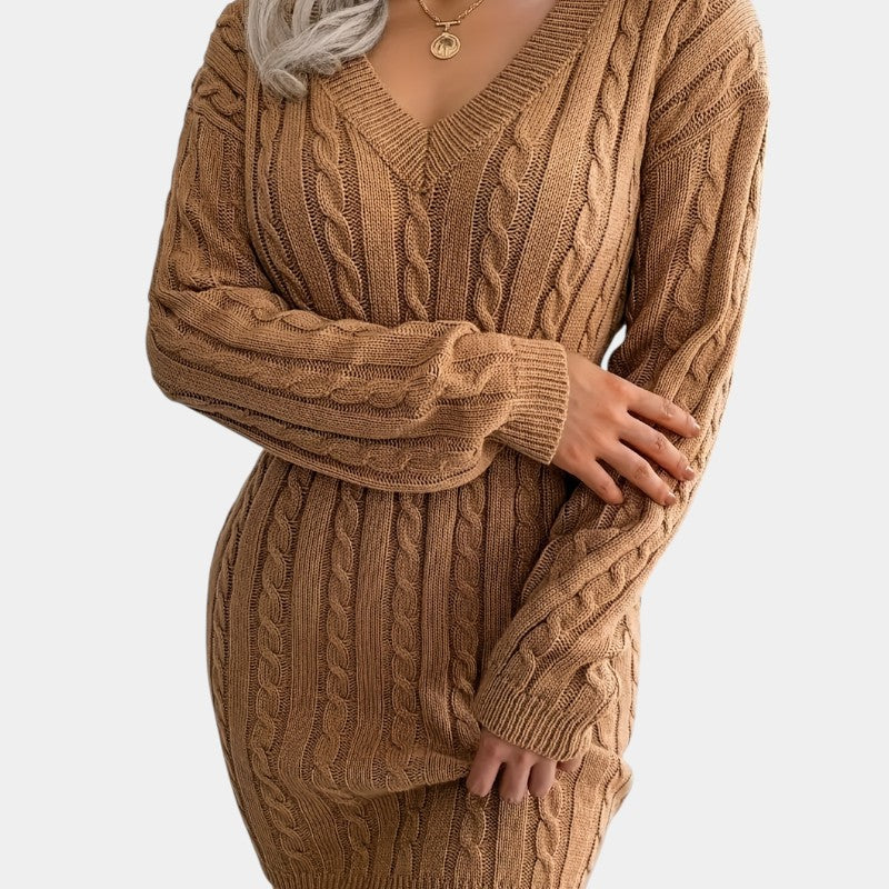 Gleame | Dames Trui Jurk Kabelpatroon V-Hals Lange Mouwen